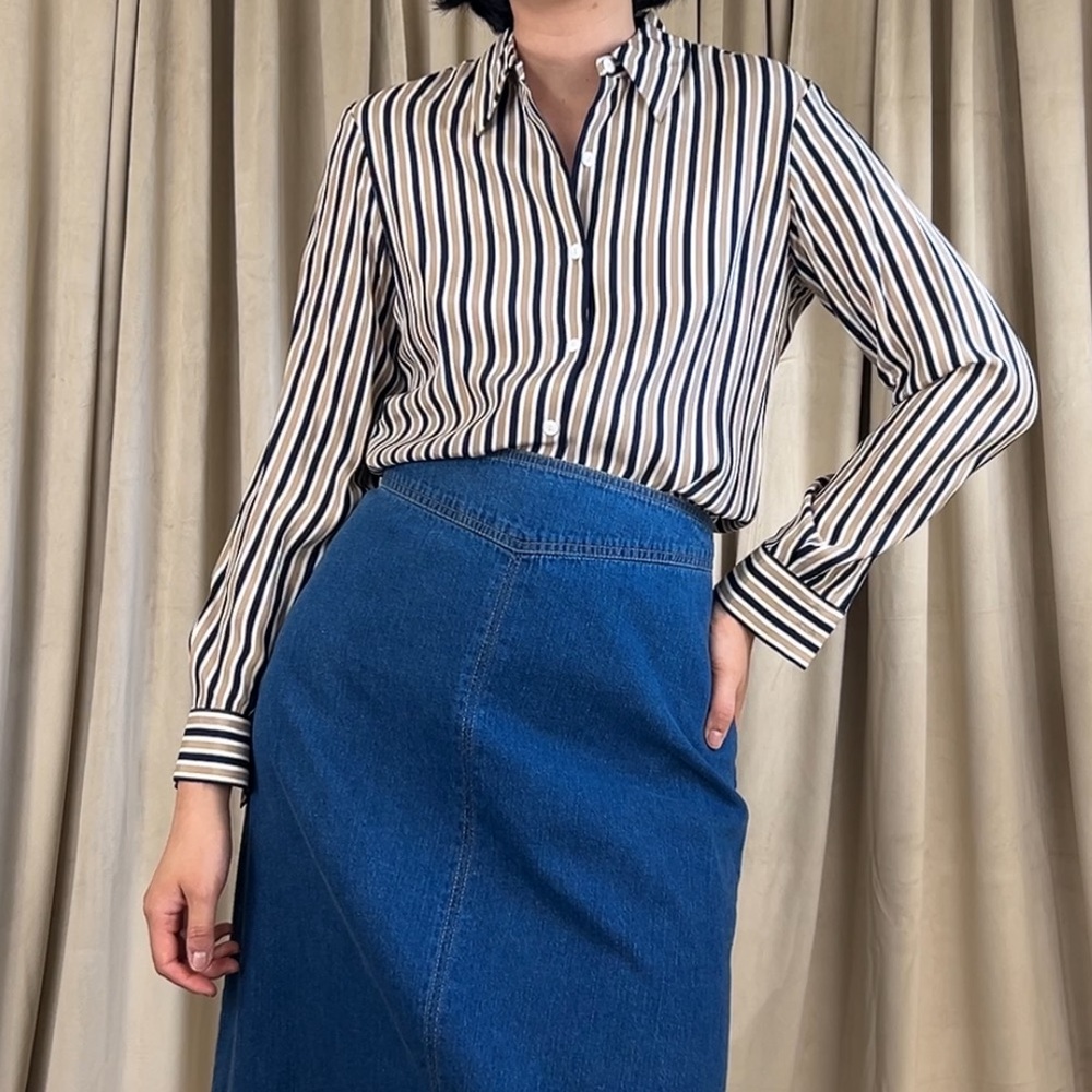 Vintage Rena Rowan Navy and Beige Striped Silk Blouse